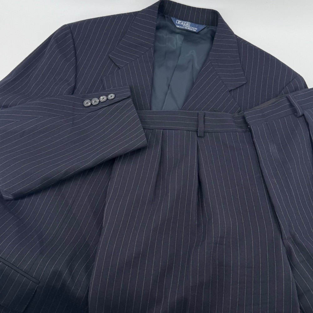 VTG Polo Ralph Lauren Blazer Mens 42R Navy Blue Chalk Stripe Wool Sport Coat USA